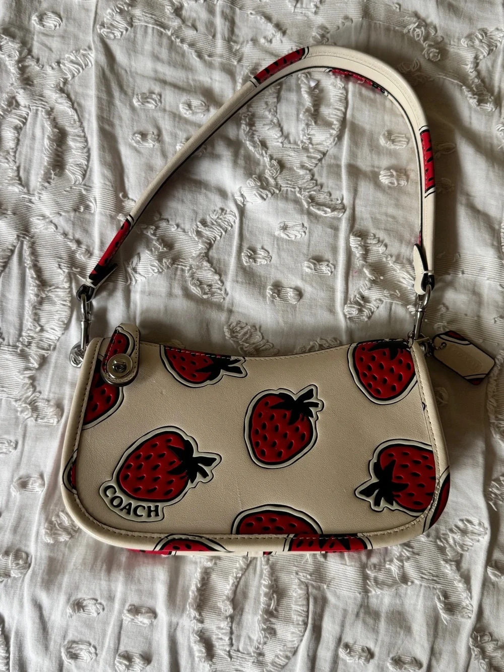 Coach Cream Leather Crossbody with Red Strawberry Print